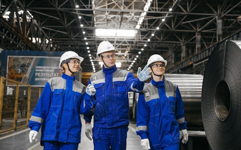 Manufacturing team reviewing production schedule together