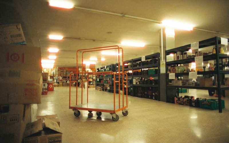 Distribution warehouse interior with rack storage